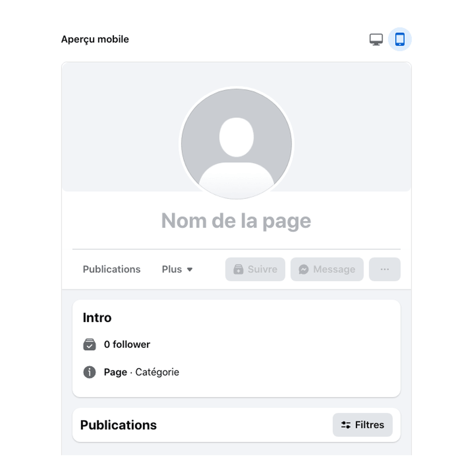 L’aperçu mobile du formulaire de création d’une page Facebook, encore vide