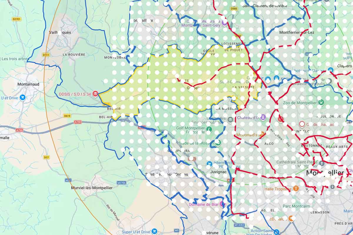 Carte Google My Maps publiée, avec des calques de zones dessinés autour de Montpellier