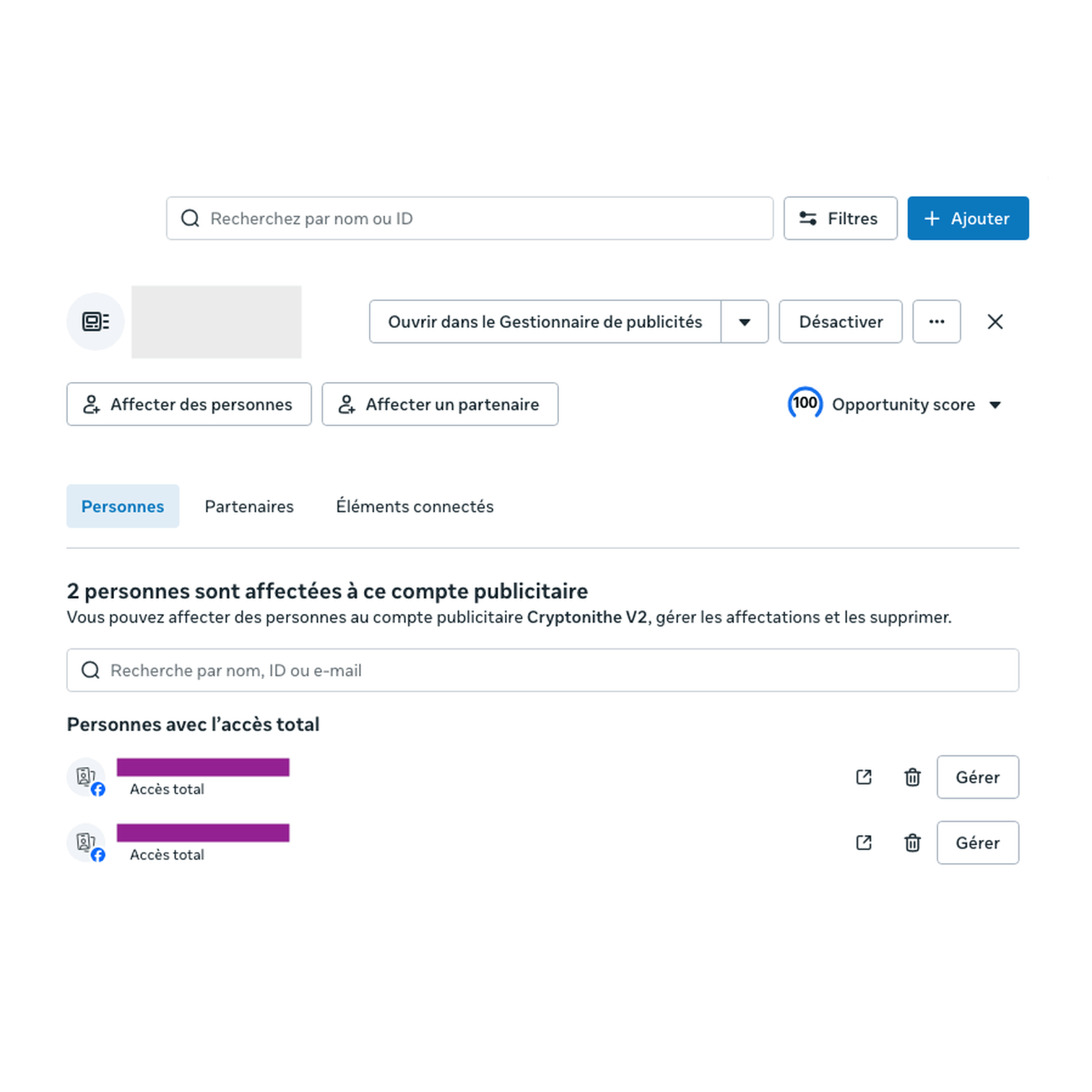 L’écran des comptes publicitaires dans les paramètres Meta, avec le bouton Ajouter en haut à droite